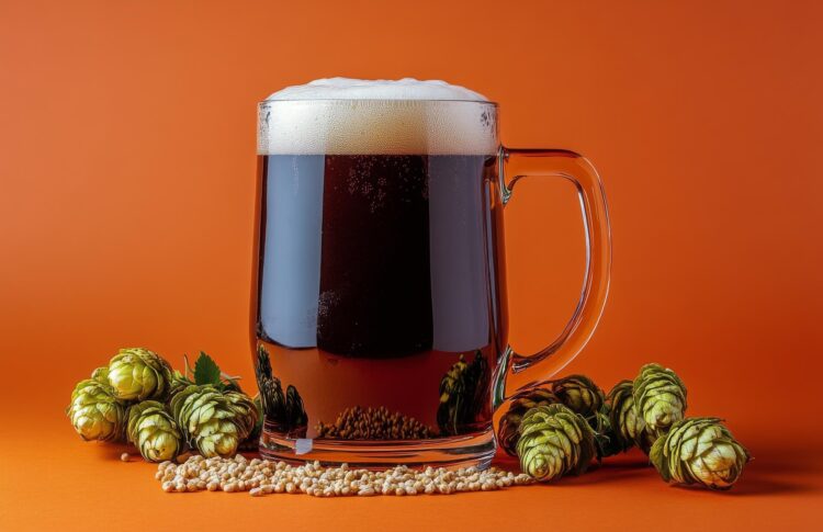 A mug of real ale surrounded by ingredients