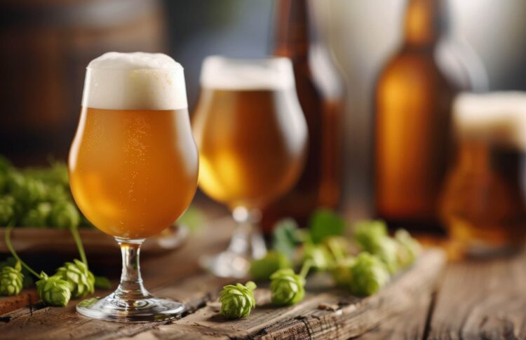 Beer glasses and bottles on a rustic table surrounded by hops