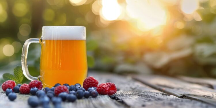 A refreshing glass of beer surrounded by seasonal berries