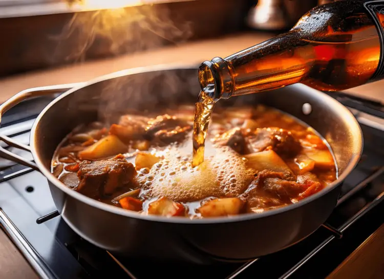 Beer being poured from a bottle into a simmering pan of food